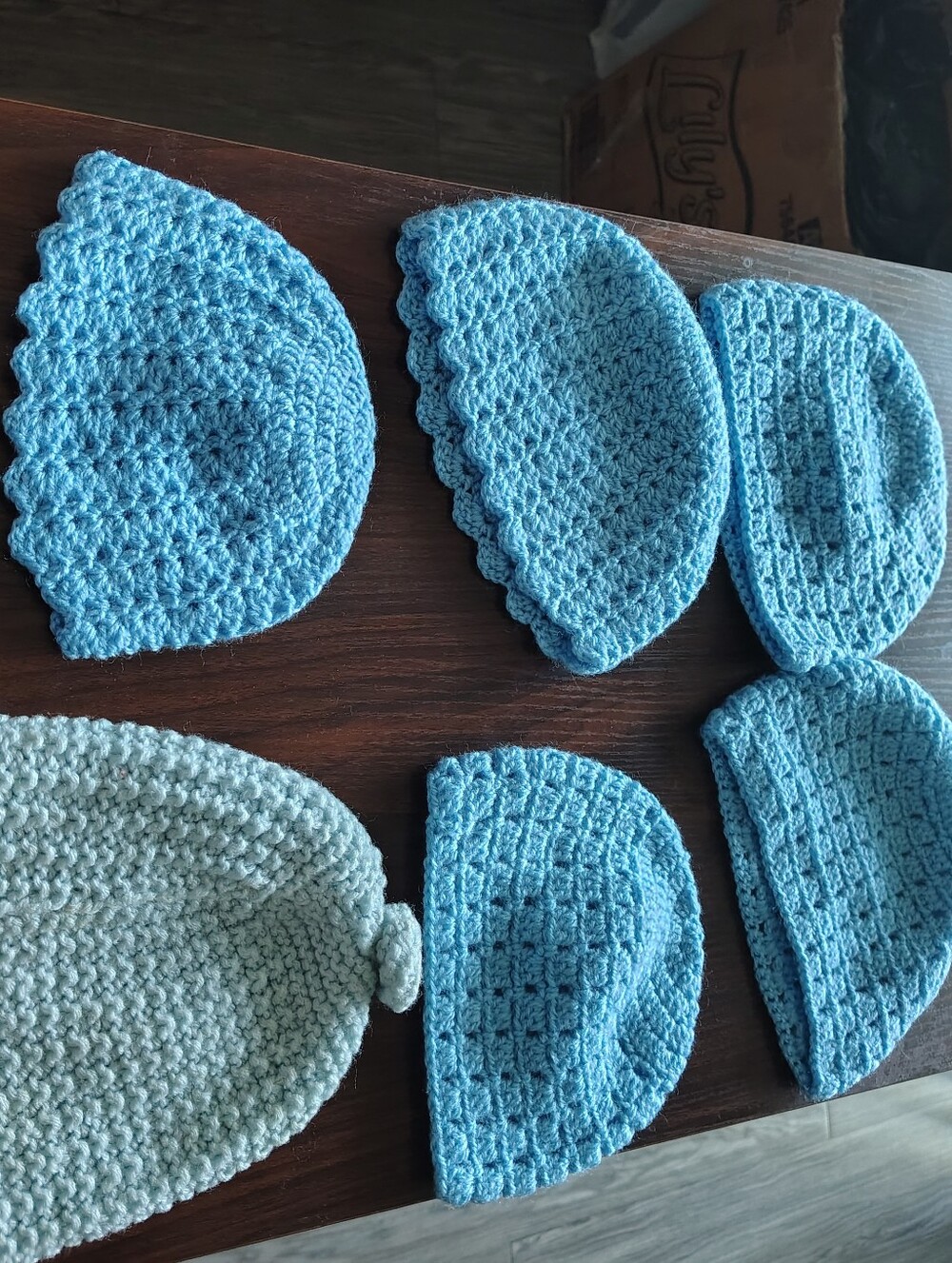 Brand New Never Worn Beautiful Handmade Blue Crochet Beanie Machine 3 Set NWT